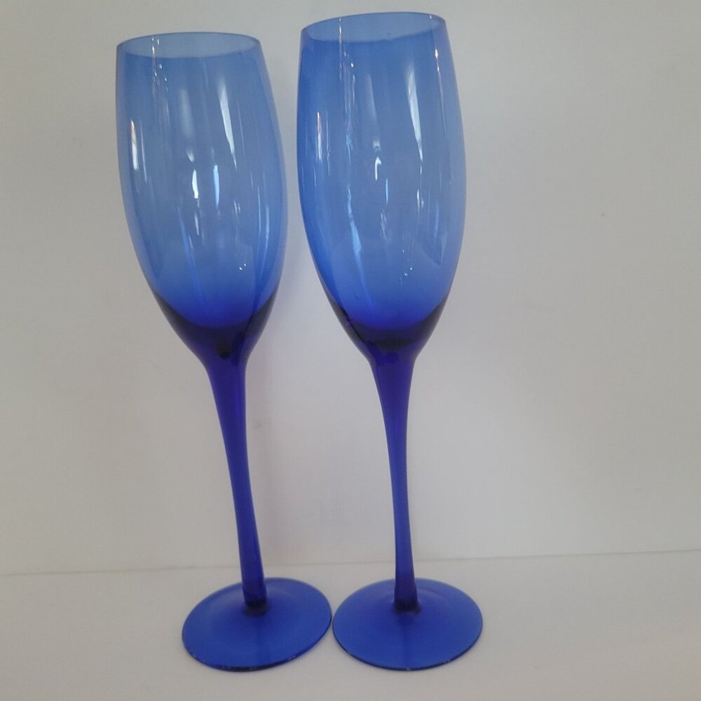 Set Of 2 Cobalt Blue Glass Champagne Flutes 9" Tall